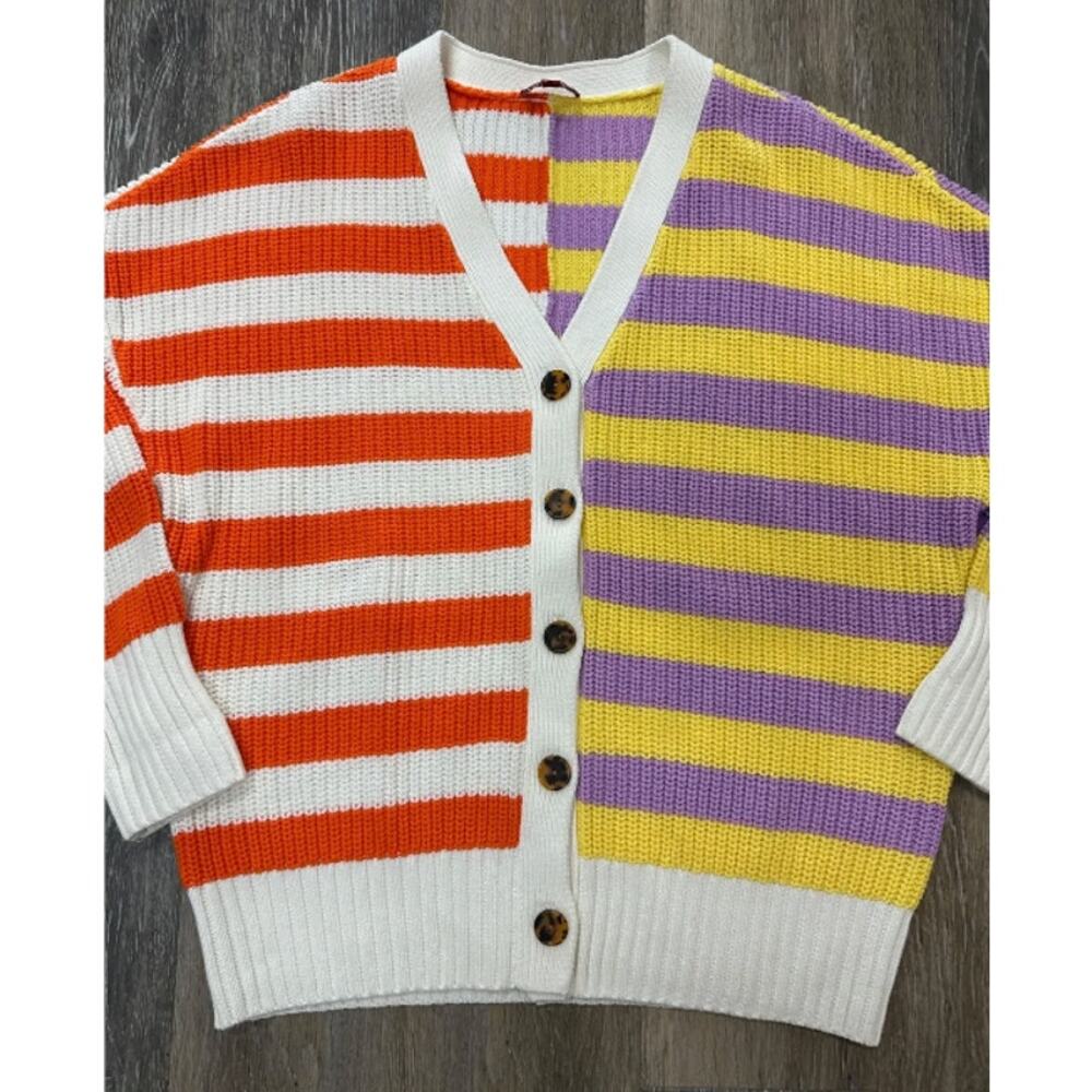 STAUD Essex Cardigan Cabana Stripe Orange Yellow Cream Purple Multi Large V-neck - Picture 8 of 16